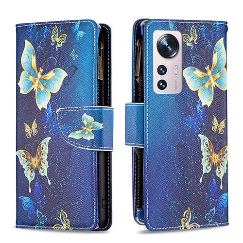 Leather Case Stands Fashionable Pattern Flip Cover Holder B04F for Xiaomi Mi 12 5G Blue