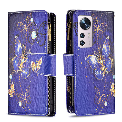 Leather Case Stands Fashionable Pattern Flip Cover Holder B04F for Xiaomi Mi 12 Pro 5G Navy Blue