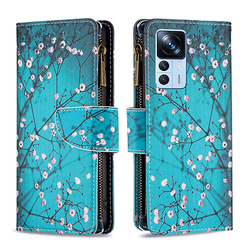 Leather Case Stands Fashionable Pattern Flip Cover Holder B04F for Xiaomi Mi 12T 5G Cyan