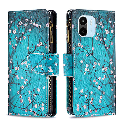 Leather Case Stands Fashionable Pattern Flip Cover Holder B04F for Xiaomi Poco C51 Cyan