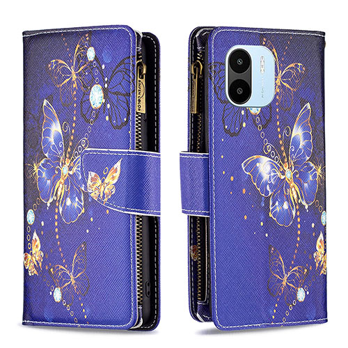 Leather Case Stands Fashionable Pattern Flip Cover Holder B04F for Xiaomi Poco C51 Navy Blue