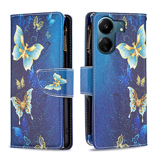 Leather Case Stands Fashionable Pattern Flip Cover Holder B04F for Xiaomi Poco C65 Blue