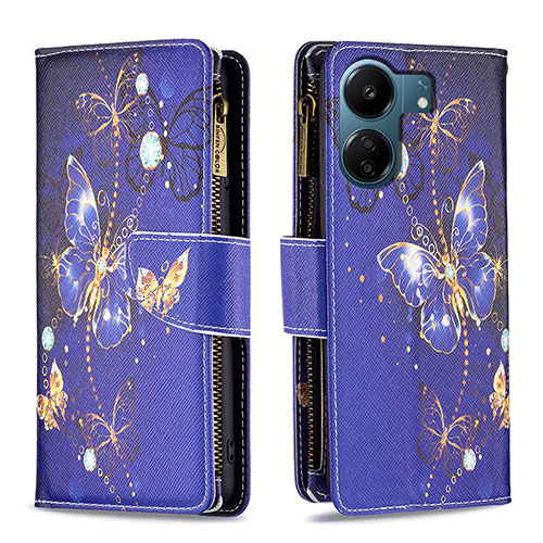 Leather Case Stands Fashionable Pattern Flip Cover Holder B04F for Xiaomi Poco C65 Navy Blue