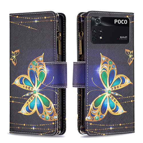 Leather Case Stands Fashionable Pattern Flip Cover Holder B04F for Xiaomi Poco M4 Pro 4G Black