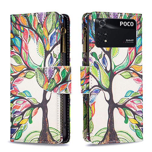 Leather Case Stands Fashionable Pattern Flip Cover Holder B04F for Xiaomi Poco M4 Pro 4G Green