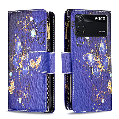 Leather Case Stands Fashionable Pattern Flip Cover Holder B04F for Xiaomi Poco M4 Pro 4G Navy Blue