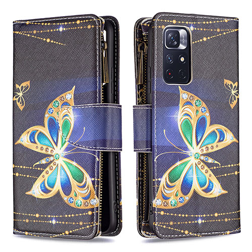 Leather Case Stands Fashionable Pattern Flip Cover Holder B04F for Xiaomi Poco M4 Pro 5G Black