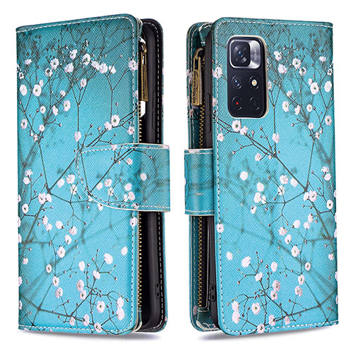 Leather Case Stands Fashionable Pattern Flip Cover Holder B04F for Xiaomi Poco M4 Pro 5G Cyan