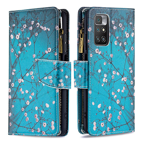 Leather Case Stands Fashionable Pattern Flip Cover Holder B04F for Xiaomi Redmi 10 (2022) Cyan