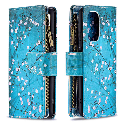 Leather Case Stands Fashionable Pattern Flip Cover Holder B04F for Xiaomi Redmi K40 5G Cyan