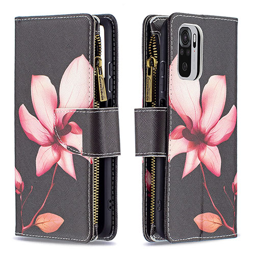 Leather Case Stands Fashionable Pattern Flip Cover Holder B04F for Xiaomi Redmi Note 10 4G Red