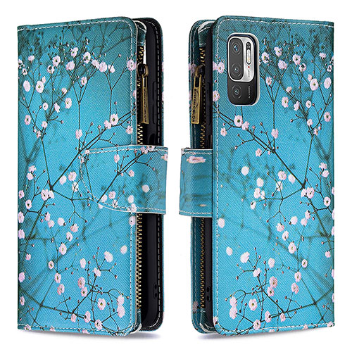 Leather Case Stands Fashionable Pattern Flip Cover Holder B04F for Xiaomi Redmi Note 10 5G Cyan