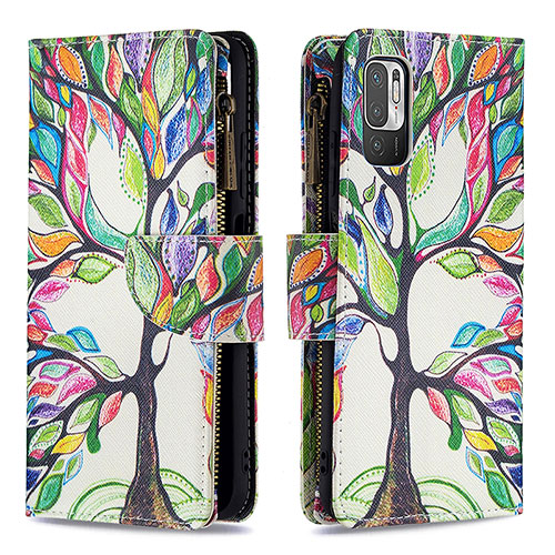 Leather Case Stands Fashionable Pattern Flip Cover Holder B04F for Xiaomi Redmi Note 10 5G Green