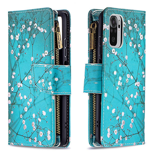 Leather Case Stands Fashionable Pattern Flip Cover Holder B04F for Xiaomi Redmi Note 10S 4G Cyan