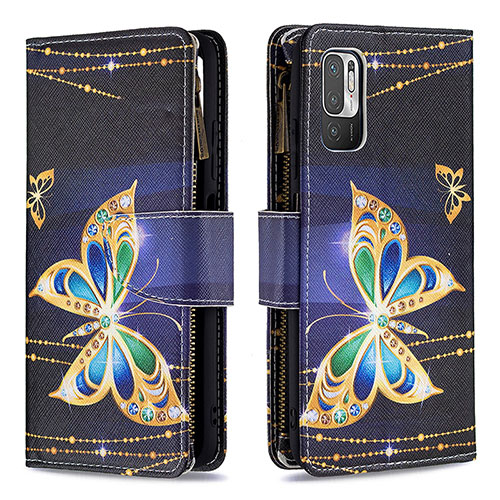 Leather Case Stands Fashionable Pattern Flip Cover Holder B04F for Xiaomi Redmi Note 10T 5G Black