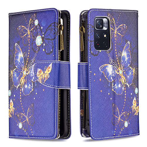 Leather Case Stands Fashionable Pattern Flip Cover Holder B04F for Xiaomi Redmi Note 11 5G Navy Blue