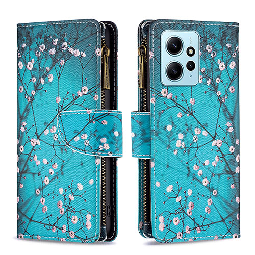 Leather Case Stands Fashionable Pattern Flip Cover Holder B04F for Xiaomi Redmi Note 12 4G Cyan