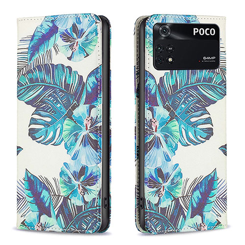 Leather Case Stands Fashionable Pattern Flip Cover Holder B05F for Xiaomi Poco M4 Pro 4G Blue