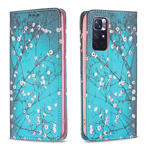 Leather Case Stands Fashionable Pattern Flip Cover Holder B05F for Xiaomi Poco M4 Pro 5G Cyan