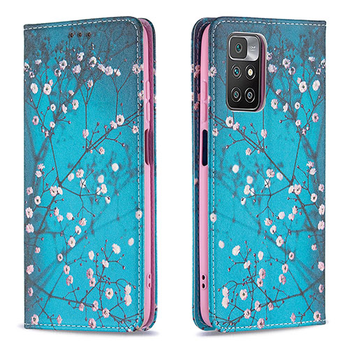 Leather Case Stands Fashionable Pattern Flip Cover Holder B05F for Xiaomi Redmi 10 (2022) Cyan