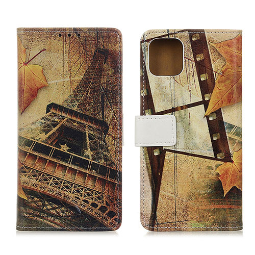 Leather Case Stands Fashionable Pattern Flip Cover Holder D02Y for Motorola Moto G100 5G Brown