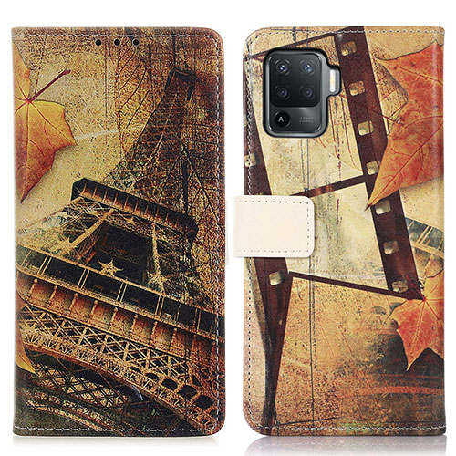 Leather Case Stands Fashionable Pattern Flip Cover Holder D02Y for Oppo Reno5 Lite Brown