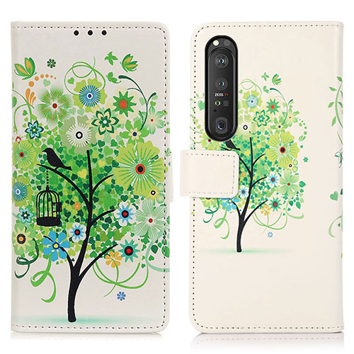 Leather Case Stands Fashionable Pattern Flip Cover Holder D02Y for Sony Xperia 1 III Green