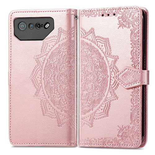 Leather Case Stands Fashionable Pattern Flip Cover Holder for Asus ROG Phone 7 Pro Rose Gold