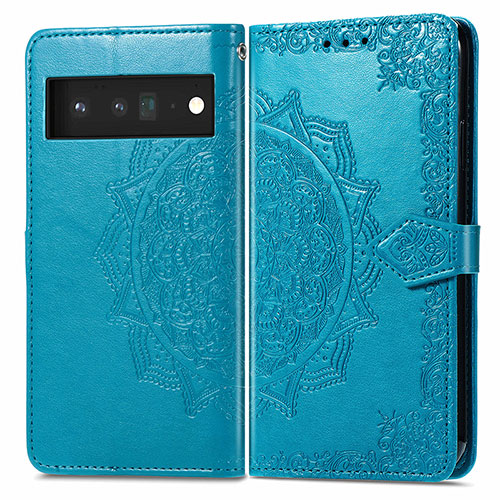 Leather Case Stands Fashionable Pattern Flip Cover Holder for Google Pixel 6 Pro 5G Blue