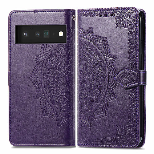 Leather Case Stands Fashionable Pattern Flip Cover Holder for Google Pixel 6 Pro 5G Purple