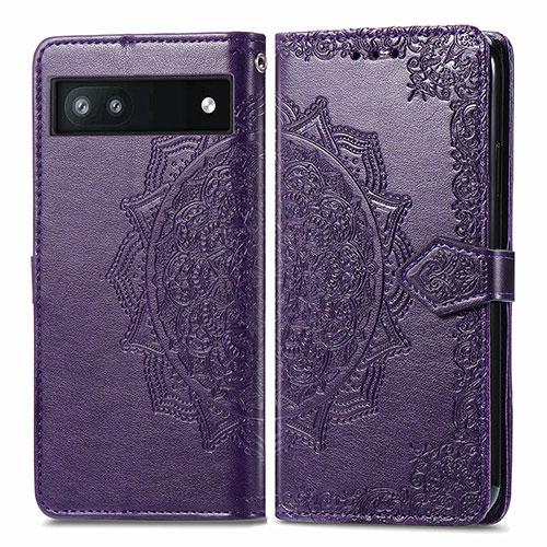 Leather Case Stands Fashionable Pattern Flip Cover Holder for Google Pixel 6a 5G Purple