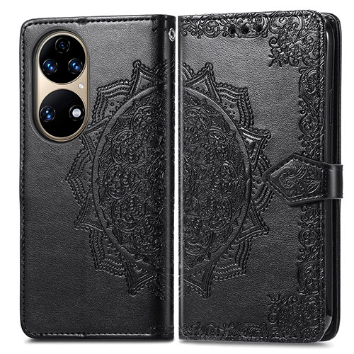 Leather Case Stands Fashionable Pattern Flip Cover Holder for Huawei P50 Black