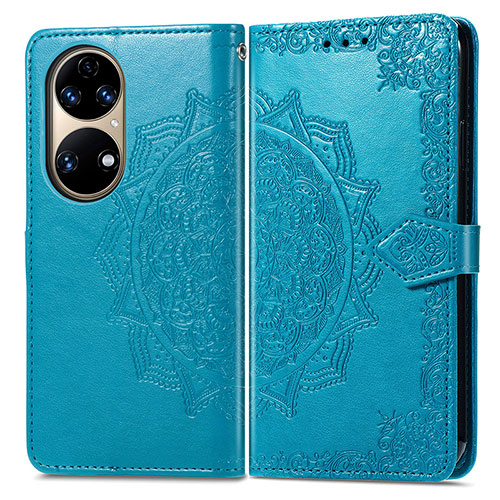 Leather Case Stands Fashionable Pattern Flip Cover Holder for Huawei P50 Blue