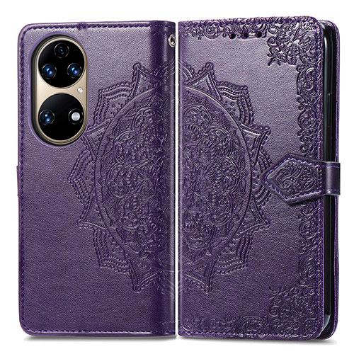 Leather Case Stands Fashionable Pattern Flip Cover Holder for Huawei P50e Purple