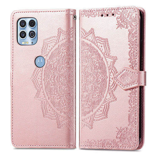 Leather Case Stands Fashionable Pattern Flip Cover Holder for Motorola Moto G100 5G Rose Gold