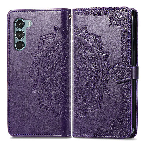 Leather Case Stands Fashionable Pattern Flip Cover Holder for Motorola Moto G200 5G Purple