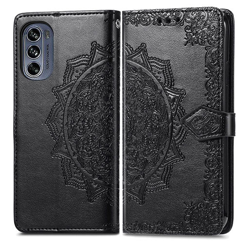 Leather Case Stands Fashionable Pattern Flip Cover Holder for Motorola Moto G62 5G Black