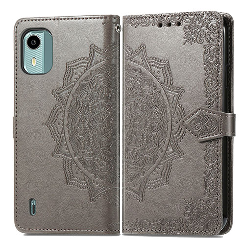 Leather Case Stands Fashionable Pattern Flip Cover Holder for Nokia C12 Gray