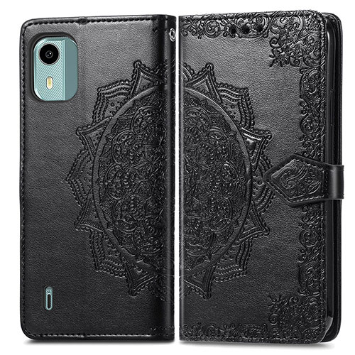 Leather Case Stands Fashionable Pattern Flip Cover Holder for Nokia C12 Plus Black