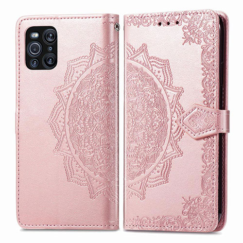 Leather Case Stands Fashionable Pattern Flip Cover Holder for Oppo Find X3 Pro 5G Rose Gold