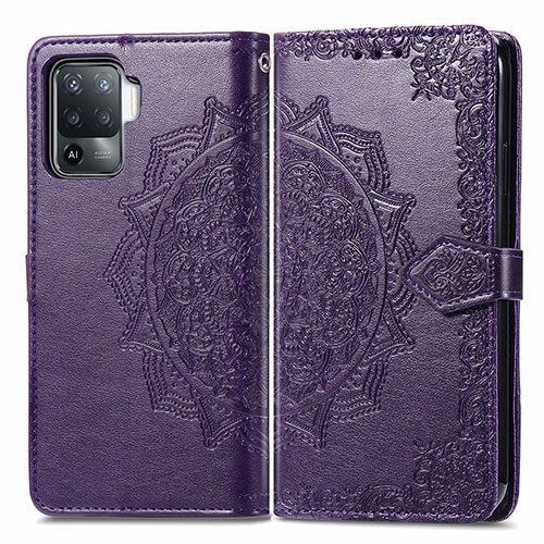 Leather Case Stands Fashionable Pattern Flip Cover Holder for Oppo Reno5 F Purple