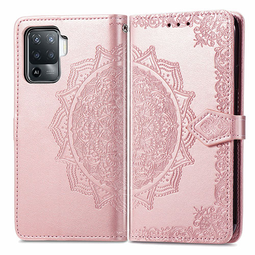 Leather Case Stands Fashionable Pattern Flip Cover Holder for Oppo Reno5 Lite Rose Gold