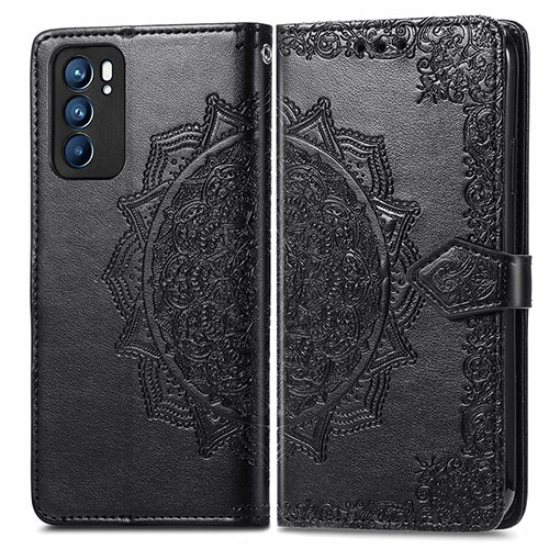Leather Case Stands Fashionable Pattern Flip Cover Holder for Oppo Reno6 5G Black