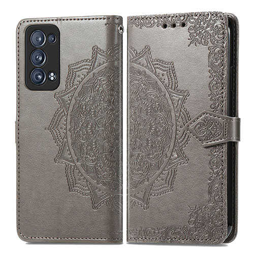 Leather Case Stands Fashionable Pattern Flip Cover Holder for Oppo Reno6 Pro 5G Gray