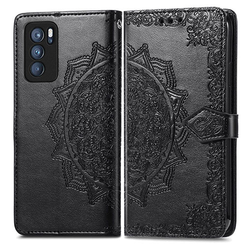 Leather Case Stands Fashionable Pattern Flip Cover Holder for Oppo Reno6 Pro 5G India Black