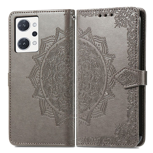 Leather Case Stands Fashionable Pattern Flip Cover Holder for Oppo Reno7 A Gray