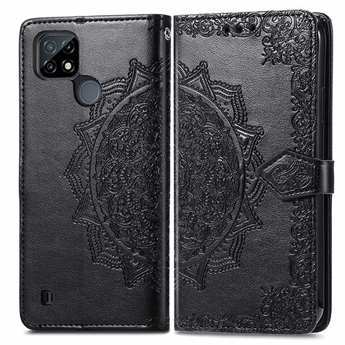 Leather Case Stands Fashionable Pattern Flip Cover Holder for Realme C21 Black