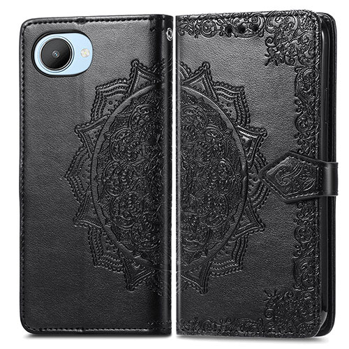 Leather Case Stands Fashionable Pattern Flip Cover Holder for Realme C30 Black