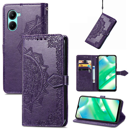 Leather Case Stands Fashionable Pattern Flip Cover Holder for Realme C33 (2023) Purple