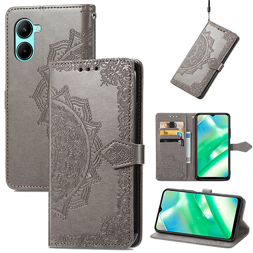 Leather Case Stands Fashionable Pattern Flip Cover Holder for Realme C33 Gray